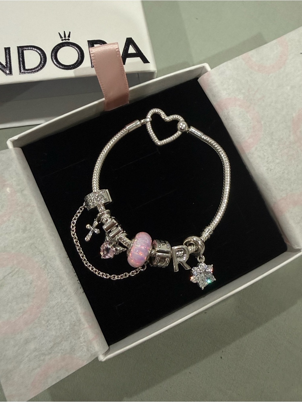 Pandora Silver Charm Bracelet with Pink Opal Bead and Heart Clasp